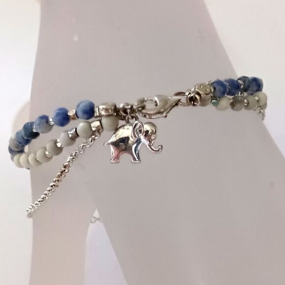 Beaded Elephant Charm Bracelet Multi Strand Blues Silver Tone Dainty Good Luck. - Picture 9 of 16